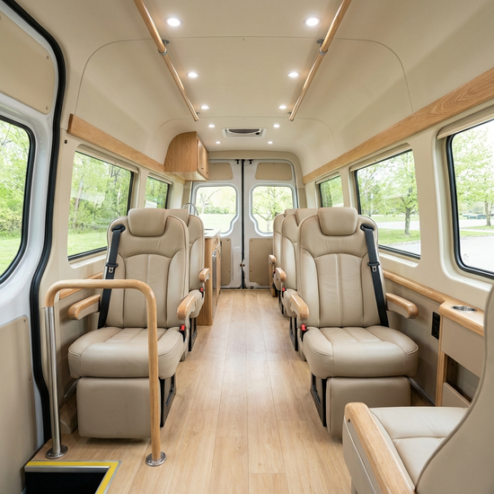 Innenansicht eines geräumigen Kleinbusses für Senioren, bequeme Sitze mit Haltegriffen, helles und sauberes Interieur, realistische Beleuchtung.