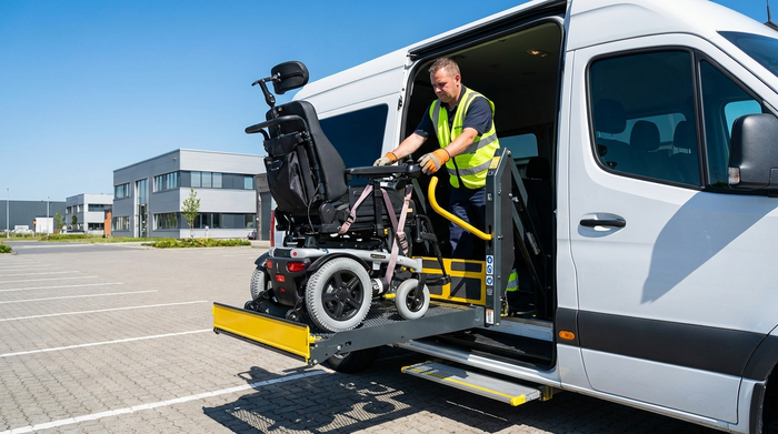 Ein moderner Rollstuhl wird über eine hydraulische Hebebühne sicher in einen weißen Transporter gehoben. Ein professioneller Fahrer sichert die Konstruktion, sonniges Wetter.