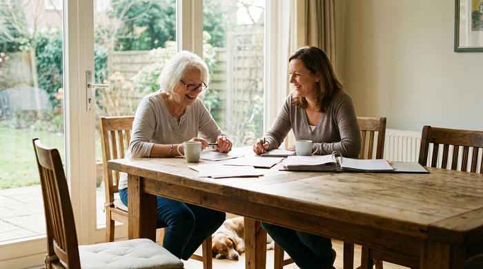 Eine ältere Frau und ihre erwachsene Tochter sitzen entspannt am Esstisch und besprechen Dokumente bei einer Tasse Kaffee. Freundliche, harmonische Stimmung.