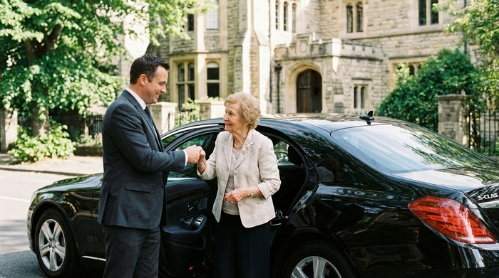 Ein lächelnder Fahrer in professioneller Kleidung reicht einer Seniorin hilfsbereit die Hand beim Aussteigen aus einem Fahrzeug. Respektvoller Umgang, klare Umgebung.