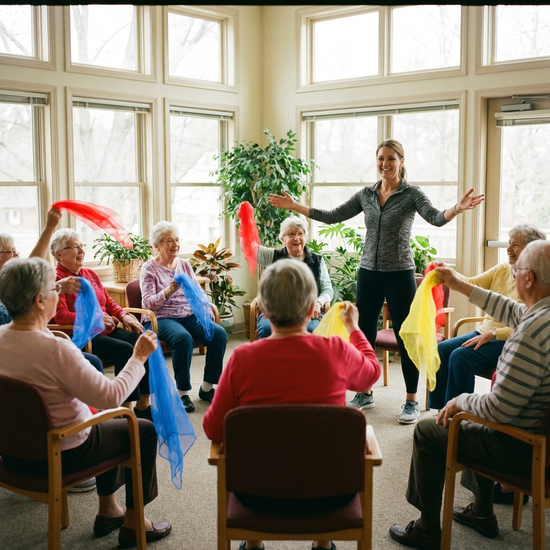 Eine Gruppe fröhlicher Senioren sitzt in einem hellen Raum im Stuhlkreis und macht leichte Gymnastikübungen mit bunten Tüchern. Eine motivierende Betreuerin leitet die Gruppe an. Sonniges, freundliches Ambiente.