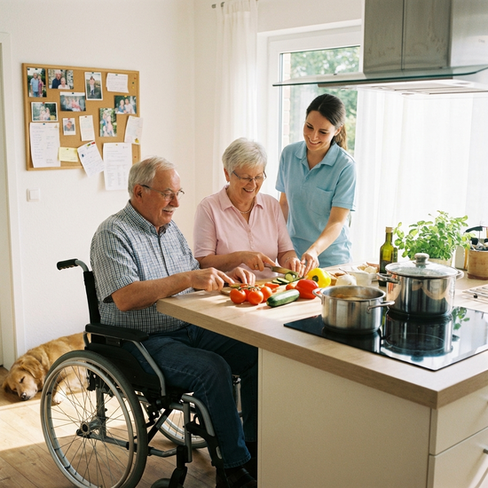 Ein älteres Ehepaar kocht gemeinsam mit einer Pflegekraft in einer offenen, barrierefreien Küche. Sie schneiden frisches Gemüse. Entspannte, familiäre Stimmung.