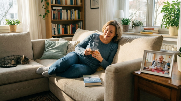 Eine entspannte Tochter mittleren Alters sitzt mit einer Tasse Tee auf ihrem Sofa zu Hause und liest ein Buch, während ihr pflegebedürftiger Vater sicher in der Tagespflege ist. Friedliche und ruhige Stimmung.