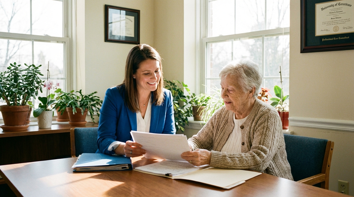 Eine professionelle Pflegeberaterin sitzt mit einer älteren Dame an einem Tisch und bespricht freundlich Dokumente. Seriöse, vertrauensvolle Atmosphäre, helles Büro mit Pflanzen.