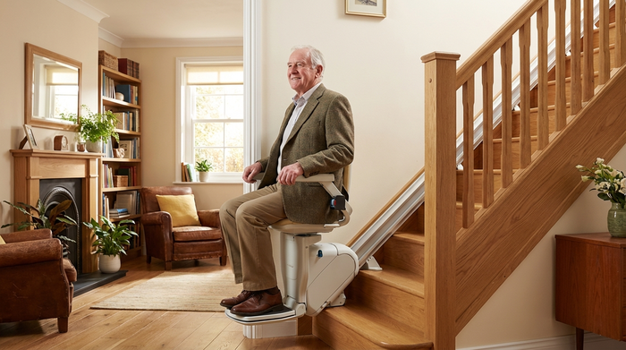 Ein moderner Treppenlift an einer Holztreppe in einem gepflegten, gemütlichen Einfamilienhaus. Ein zufriedener Senior fährt sicher hinauf. Realistische, gut ausgeleuchtete Wohnumgebung.