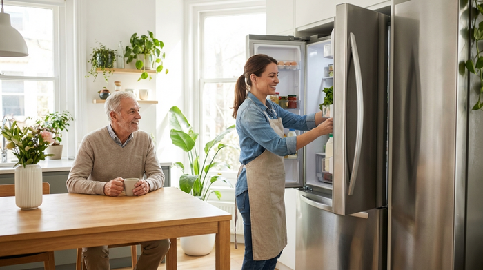Eine engagierte Haushaltshilfe beim Einräumen von frischen Lebensmitteln in einen sauberen Kühlschrank, während ein zufriedener Senior am Küchentisch sitzt. Helle, moderne Küche, realistische Szene.