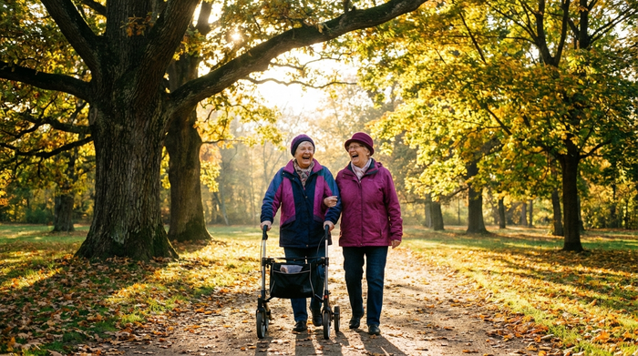 Zwei ältere Frauen spazieren lachend durch einen sonnigen Park mit großen grünen Bäumen. Eine der Frauen stützt sich leicht auf einen Rollator. Warme, fröhliche Atmosphäre.