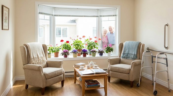 Eine saubere, aufgeräumte und helle Seniorenwohnung mit gemütlichen Sesseln, einem kleinen Couchtisch und blühenden Zimmerpflanzen am großen Fenster. Ruhige und sichere Wohnatmosphäre.
