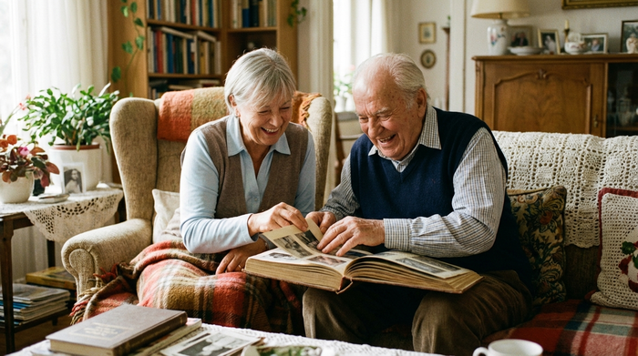 Eine einfühlsame Seniorenassistentin blättert gemeinsam mit einem älteren Herrn in einem alten Fotoalbum. Beide lachen fröhlich. Das Wohnzimmer ist gemütlich eingerichtet, im Hintergrund sind unscharf Bücherregale zu erkennen. Eine warme und vertrauensvolle Atmosphäre.