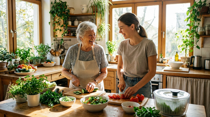 Eine ältere Frau und eine jüngere Betreuerin bereiten gemeinsam in einer lichtdurchfluteten Küche einen frischen Salat zu. Sie schneiden frisches Gemüse und haben sichtlich Freude an der gemeinsamen, aktiven Tätigkeit.