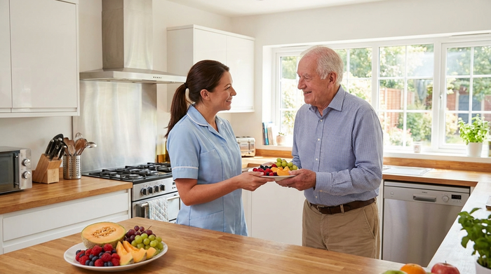 Eine fürsorgliche Pflegerin reicht einem älteren Herrn liebevoll einen Teller mit frischem Obst. Sie befinden sich in einer sauberen, modernen Küche. Beide lächeln sich freundlich an. Lebendige Farben, realistische und warme Atmosphäre.