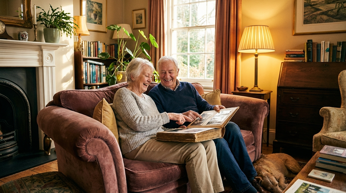 Ein älteres Ehepaar sitzt entspannt auf einem bequemen Sofa im Wohnzimmer und schaut sich gemeinsam ein Fotoalbum an. Eine entspannte, sorgenfreie Stimmung. Warmes Licht, gemütliche und gepflegte Einrichtung.