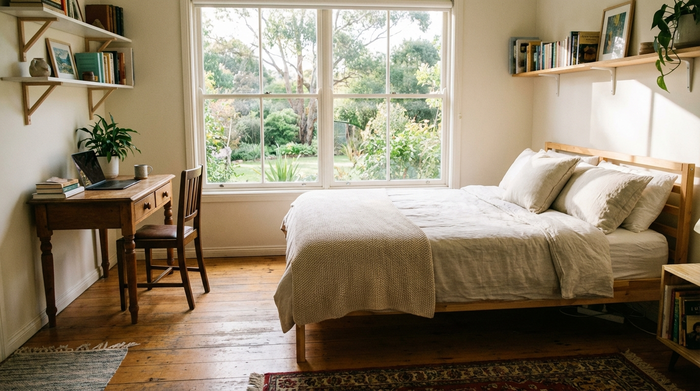 Ein gemütlich eingerichtetes, helles Gästezimmer mit einem frisch bezogenen Bett, einem kleinen Schreibtisch und einem Fenster mit Blick ins Grüne. Einladende und freundliche Atmosphäre, realistische Innenaufnahme.