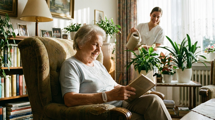 Eine ältere Dame mit einem unauffälligen Hausnotruf-Armband am Handgelenk liest entspannt ein Buch in ihrem Sessel. Im Hintergrund gießt eine junge Pflegekraft lächelnd Zimmerpflanzen. Harmonische und sichere Alltagsszene.