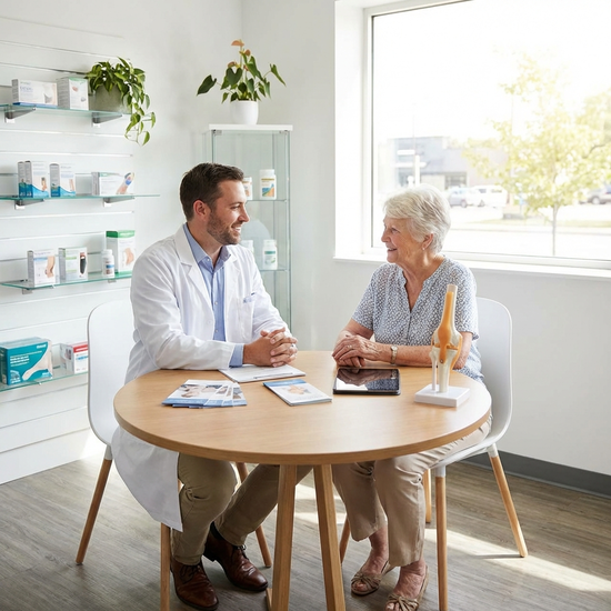 Ein helles, aufgeräumtes Beratungszimmer in einem Sanitätshaus. Ein freundlicher Fachberater im weißen Kittel sitzt mit einer Seniorin am Tisch und bespricht einfühlsam ihre Bedürfnisse.