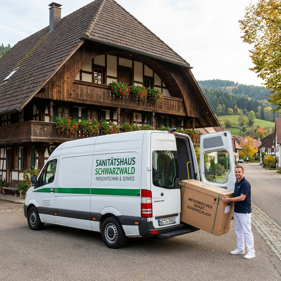 Ein gepflegter Lieferwagen eines Sanitätshauses parkt vor einem typischen Wohnhaus im Schwarzwald, während ein Techniker ein verpacktes medizinisches Gerät entlädt.