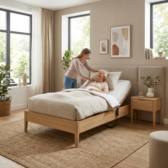 Ein modernes, wohnliches Schlafzimmer mit einem elektrisch höhenverstellbaren Pflegebett. Eine fürsorgliche Tochter richtet das Kissen für ihre lächelnde Mutter, das Bett fügt sich harmonisch in den Raum ein.