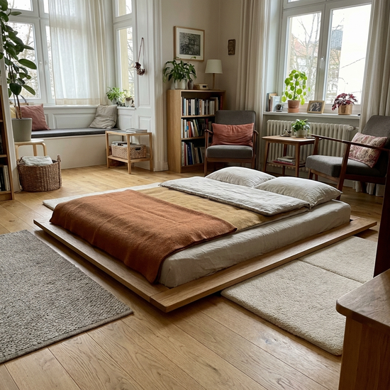 Ein extrem niedriges Niederflurbett auf einem hellen Holzboden in einem gemütlichen Zimmer, ideal zur Sturzprävention für Senioren.