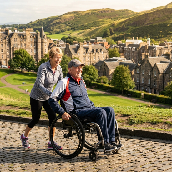 Ein rüstiger Senior im modernen Leichtgewichtrollstuhl wird von seiner Frau auf einem gepflasterten Weg in einer hügeligen, grünen Stadtlandschaft geschoben.