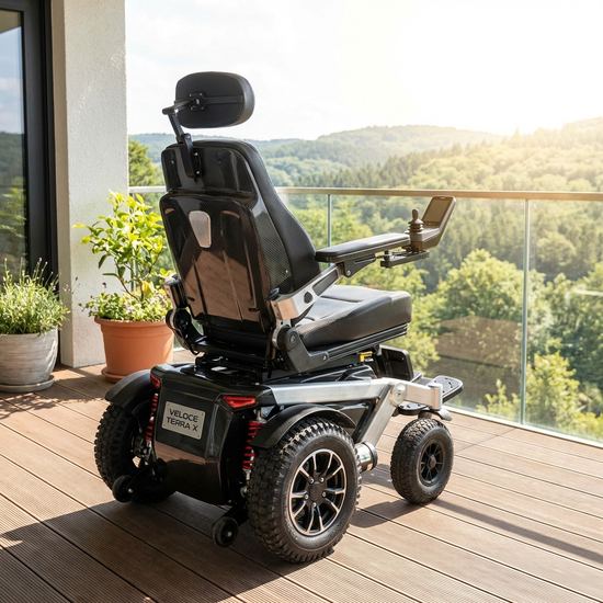 Ein moderner elektrischer Rollstuhl steht auf einem sonnigen Balkon mit Blick auf eine bewaldete Hügellandschaft. Das Gerät wirkt robust und hochwertig.