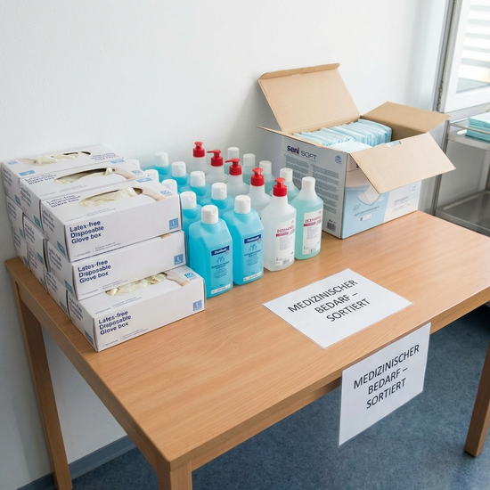 Ein ordentlich sortierter Tisch mit verschiedenen medizinischen Verbrauchsmaterialien wie sauberen Einmalhandschuhen, Desinfektionsmitteln und weichen Bettschutzeinlagen in einer praktischen Box.
