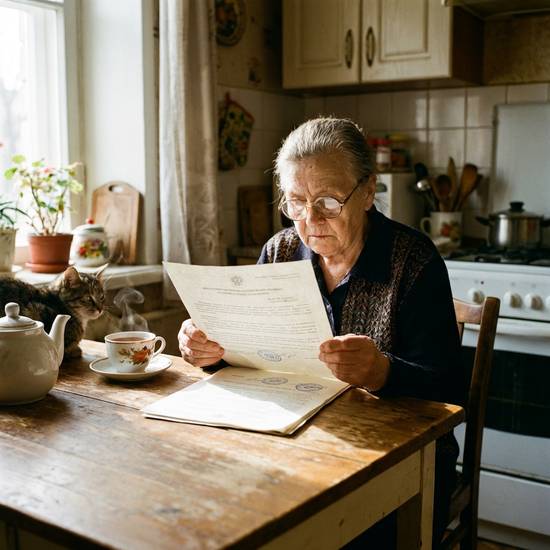 Eine ältere Dame mit Brille liest konzentriert ein offizielles Dokument am Küchentisch, während eine Tasse Tee daneben steht.