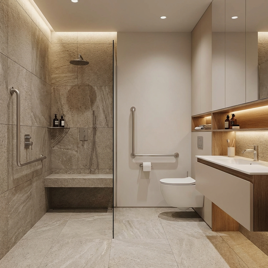 Ein elegantes, modernes und komplett barrierefreies Badezimmer mit einer bodengleichen Dusche, rutschfesten Fliesen und dezenten Haltegriffen an den Wänden.