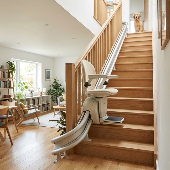 Ein moderner, bequemer Treppenlift gleitet sanft eine helle Holztreppe in einem gepflegten Einfamilienhaus hinauf.