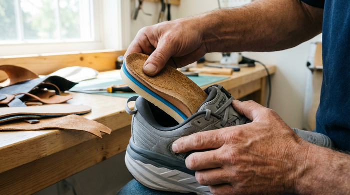 Nahaufnahme der Hände eines Orthopädieschuhtechnikers, der eine maßgefertigte weiche Einlage in einen bequemen, modernen Seniorenschuh einlegt. Helle Werkstattumgebung, Fokus auf hochwertige Materialien und Handwerkskunst, realistischer Fotostil.