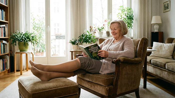 Eine ältere Dame sitzt entspannt auf einem bequemen Sessel in einem hellen Wohnzimmer und trägt perfekt sitzende, hautfarbene medizinische Kompressionsstrümpfe. Sie liest ein Buch und wirkt zufrieden, weiches Tageslicht.