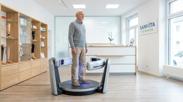 Ein moderner, digitaler 3D-Scanner in einem hellen, sauberen Sanitätshaus. Ein Senior steht entspannt auf der runden Plattform, während das Gerät berührungslos die Beine vermisst. Professionelles medizinisches Umfeld, aufgeräumt und modern.