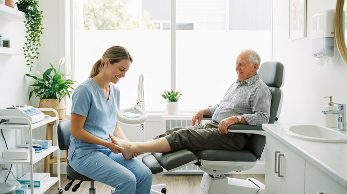 Eine freundliche medizinische Fußpflegerin untersucht behutsam die Füße eines älteren Patienten in einer hellen, sauberen Praxis. Vertrauensvolle Stimmung, Fokus auf Pflege und Gesundheit, realistische Szene ohne Text.