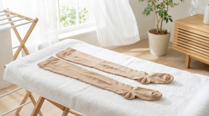 Ein Paar frisch gewaschene, hautfarbene Kompressionsstrümpfe liegt flach auf einem weichen, weißen Handtuch zum Trocknen. Ein heller, gut belüfteter Raum mit sanftem Sonnenlicht, saubere und ordentliche Atmosphäre.