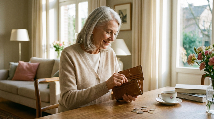 Eine elegante ältere Dame öffnet eine stilvolle Geldbörse aus Leder in einem hellen Wohnzimmer. Auf dem Tisch liegen einige Euromünzen. Eine entspannte, alltägliche Szene mit warmem Licht.