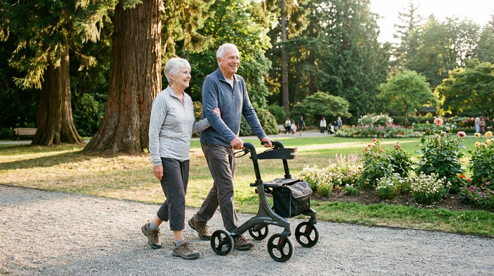 Ein rüstiges Seniorenpaar spaziert fröhlich an einem sonnigen Tag durch einen gepflegten Park mit großen Bäumen. Der Mann stützt sich sicher auf einen modernen, dunkelgrauen Carbon-Rollator.