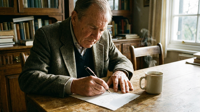 Ein älterer Mann sitzt konzentriert an einem Esstisch und schreibt mit einem edlen Füllfederhalter einen Brief auf weißem Papier. Neben ihm steht eine Tasse dampfender Kaffee. Ruhige, entschlossene Stimmung.