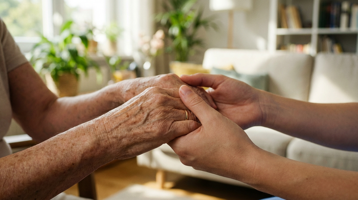 Nahaufnahme von Händen einer älteren Frau, die sanft von den Händen einer jungen, fürsorglichen Pflegekraft gehalten werden, im Hintergrund ein heller, unscharfer Wohnraum.