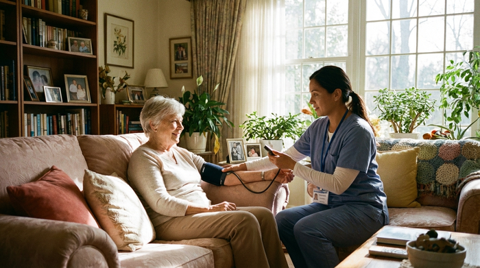 Eine professionelle Pflegekraft misst den Blutdruck einer entspannten Seniorin auf einem bequemen Sofa in einem lichtdurchfluteten Wohnzimmer.