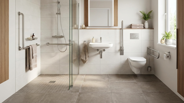 Ein modernes, barrierefreies Badezimmer mit einer bodengleichen Dusche, Haltegriffen an den hellen Wänden und einem rutschfesten Boden, sehr sauber und einladend.