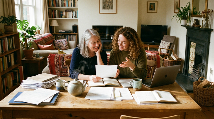 Zwei Frauen sitzen an einem Holztisch voller Papiere und besprechen freundlich Dokumente, eine Tasse Tee steht daneben, warme und vertrauensvolle Atmosphäre in einem Wohnzimmer.
