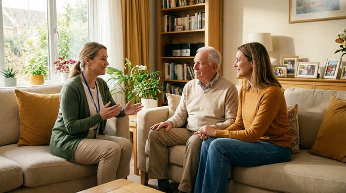 Eine erwachsene Tochter und ihr älterer Vater sitzen mit einer freundlichen Pflegedienstleiterin auf einem hellen Sofa im Wohnzimmer. Die Pflegedienstleiterin erklärt empathisch den Ablauf. Entspannte Körperhaltung, warme Farben, fotorealistisch und ohne sichtbaren Text.