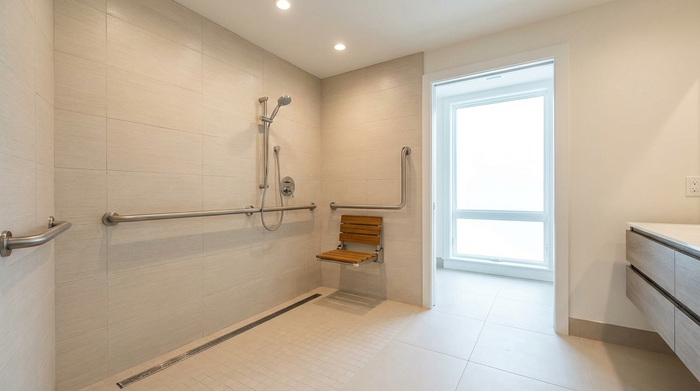 Ein modernes, barrierefreies Badezimmer mit einer ebenerdigen, geräumigen Dusche und stabilen Haltegriffen an der hell gefliesten Wand. Ein klappbarer Duschsitz ist an der Wand montiert. Sauber, hell erleuchtet, sichere Umgebung, realistische Innenarchitektur.