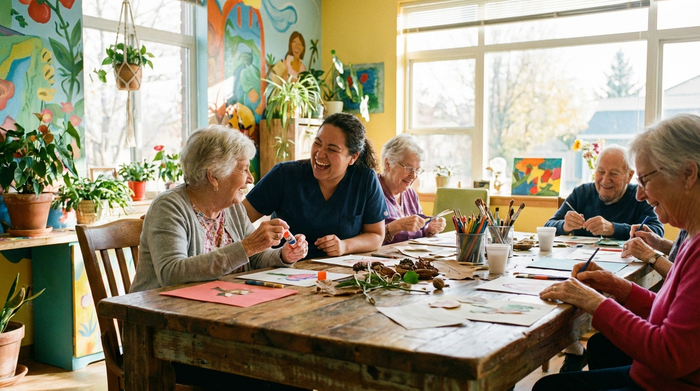 Eine fröhliche Gruppe von Senioren sitzt in einem sonnigen, farbenfrohen Raum an einem großen Holztisch und bastelt gemeinsam. Eine engagierte Betreuerin lacht herzlich mit einer älteren Dame. Helle, freundliche Atmosphäre in einer Tagespflege-Einrichtung, realistisch.