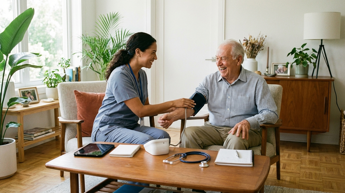 Eine freundliche Pflegekraft misst den Blutdruck eines älteren Herrn in seinem hellen, aufgeräumten Zuhause. Medizinische Utensilien liegen ordentlich auf dem Tisch. Professionelle und fürsorgliche Atmosphäre.