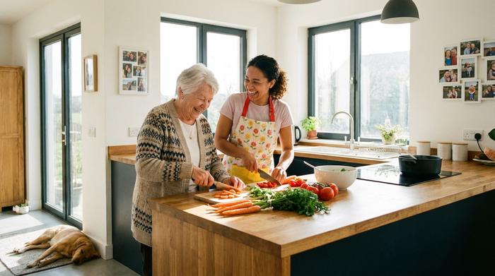 Eine liebevolle Betreuerin kocht gemeinsam mit einer lächelnden Seniorin in einer modernen, hellen Küche. Frisches Gemüse liegt auf der Arbeitsfläche. Harmonisches, familiäres Zusammenleben.