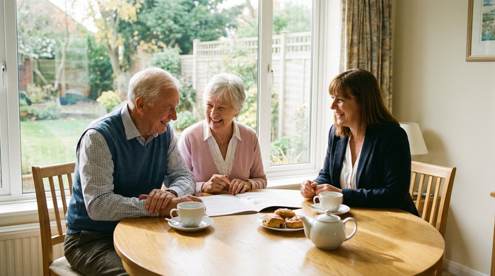 Ein älteres Ehepaar sitzt mit einer freundlichen Beraterin an einem runden Holztisch und bespricht entspannt Dokumente. Kaffeetassen stehen auf dem Tisch, die Stimmung ist positiv und lösungsorientiert.