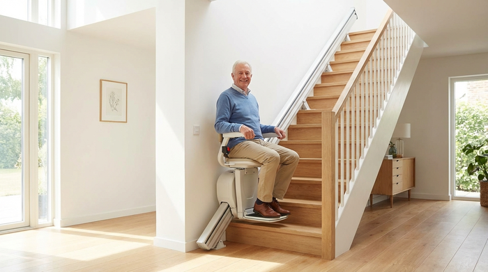 Ein moderner, unauffälliger Treppenlift in einem hellen Einfamilienhaus. Ein zufriedener Senior fährt sicher und entspannt die Treppe hinauf. Gepflegtes, sicheres Wohnumfeld ohne Stolperfallen.