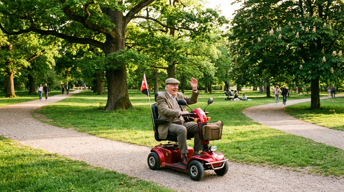 Ein rüstiger Senior fährt fröhlich mit einem roten Elektromobil durch einen grünen Park an einem sonnigen Nachmittag. Große Bäume und gepflegte Spazierwege im Hintergrund.
