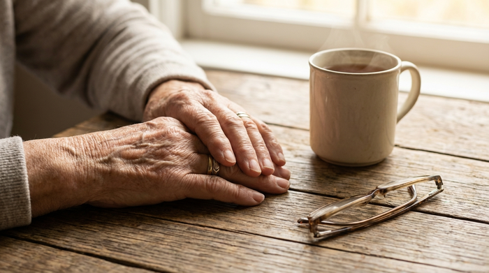 Eine detaillierte Nahaufnahme von älteren Händen, die sanft auf einem hölzernen Tisch ruhen, daneben eine Tasse Tee und eine Lesebrille. Ruhige und friedliche Stimmung, weiches und warmes Tageslicht.