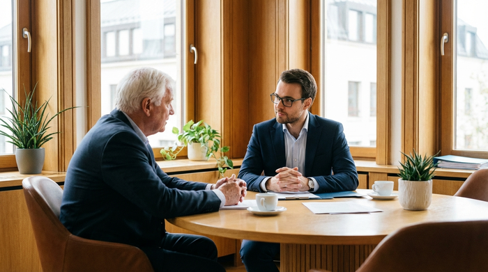 Ein seriöser, freundlicher Berater in einem hellen Büro, der einem älteren Herrn mit weißen Haaren aufmerksam zuhört. Beide sitzen an einem runden Tisch mit Kaffeetassen. Professionelle, vertrauensvolle Atmosphäre, fotorealistisch.